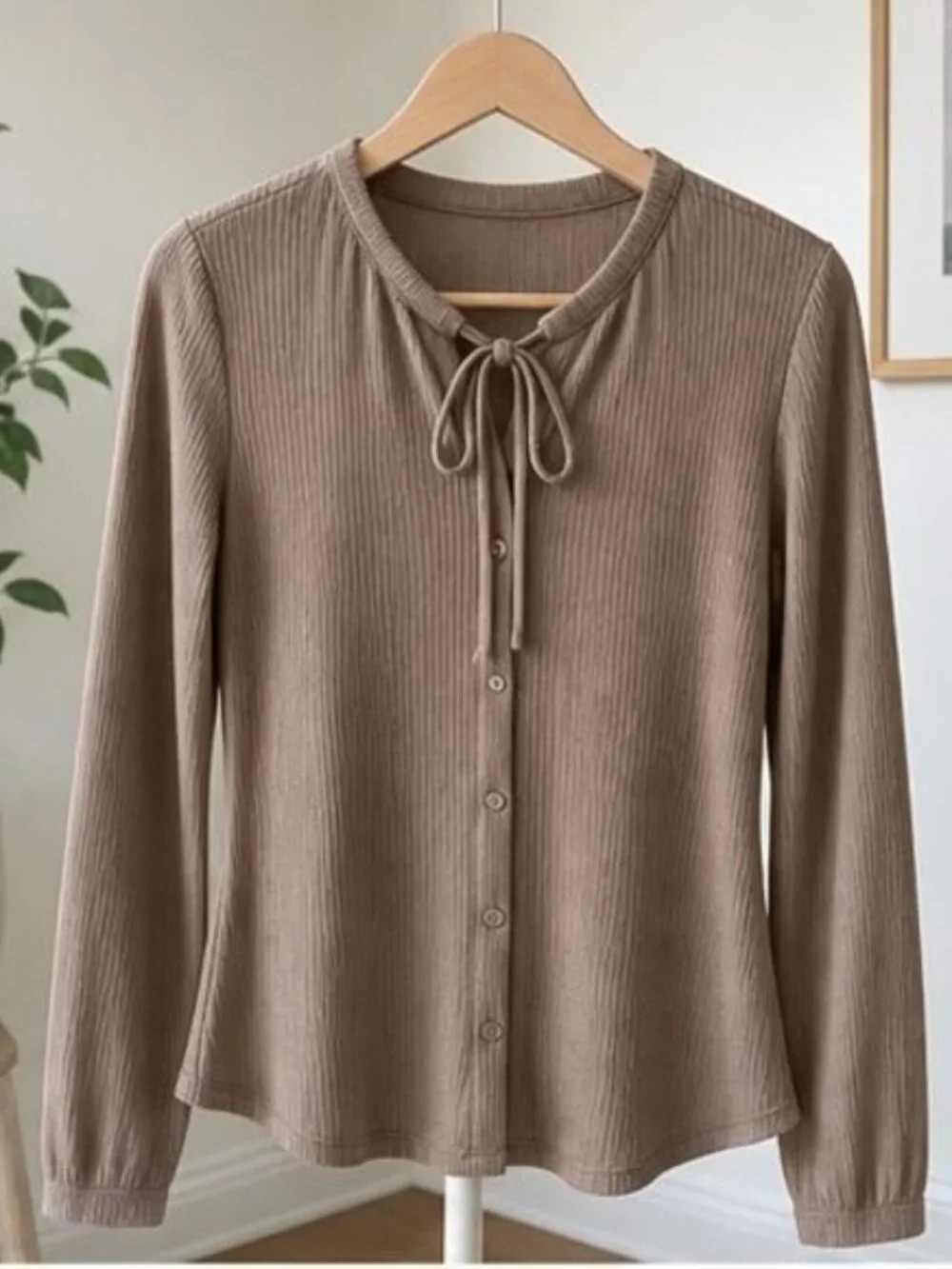 Ribbed Scoop Neck Long Sleeve Sweater - Taupe